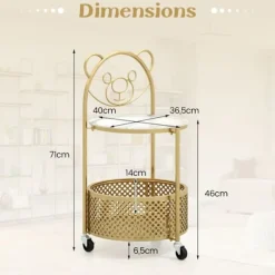 COSTWAY 2-lags mobilt sofabord i glas, bjørnedesign, opbevaringskurv, metalstel til stue, soveværelse, guld