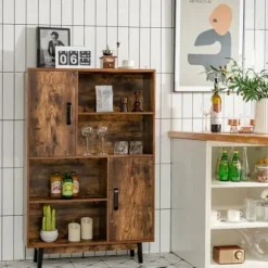 COSTWAY 4-lags reol 80 x 24 x 119,5 CM, opbevaringsenhed med døre, hylder og anti-vippeanordning, kaffe