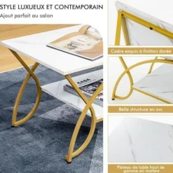 COSTWAY 2-lags sofabord med marmortryk 100x50x45 CM, stuebord med guldmetalstel, justerbare trædepuder Vitt och guld
