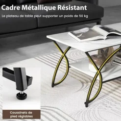 COSTWAY 2-lags sofabord med marmortryk 100x50x45 CM, stuebord med sort metalstel, justerbare trædepuder Vit och svart