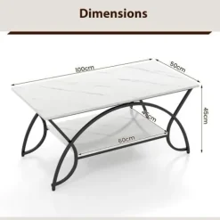 COSTWAY 2-lags sofabord med marmortryk 100x50x45 CM, stuebord med sort metalstel, justerbare trædepuder Vit och svart