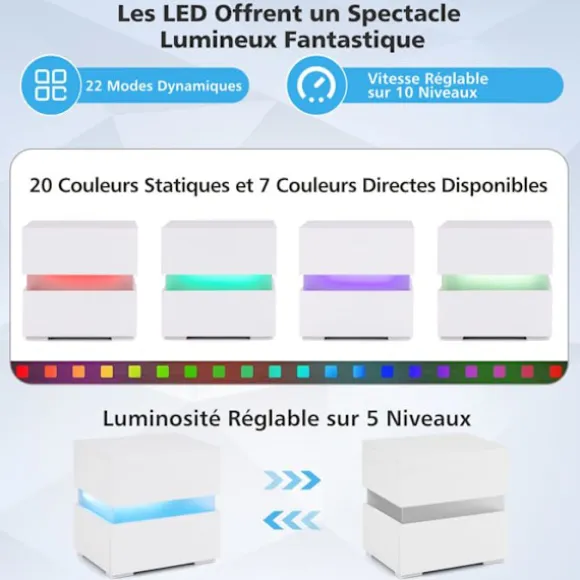COSTWAY LED sengebord 2 skuffer, fjernbetjent 22 tilstande 5 lysstyrke 10 hastigheder, akrylpaneler, 45 x 35 x45 cm, hvid