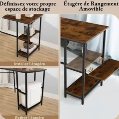 COSTWAY L-formet computerhjørneskrivebord 138 cm, industrielt med carbonstålramme, 2-lags hylde, brun