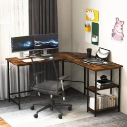 COSTWAY L-formet computerhjørneskrivebord 138 cm, industrielt med carbonstålramme, 2-lags hylde, brun