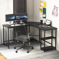 COSTWAY L-formet Computerhjørnebord 138 CM, Industrielt med Stålramme, 2-niveau Hylde, Sort