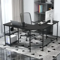COSTWAY L-formet Computerhjørnebord 138 CM, Industrielt med Stålramme, 2-niveau Hylde, Sort