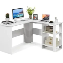 COSTWAY L-formet hjørneskrivebord - L 130 x D 130 x H 74 CM - 2-lags opbevaringshylder - Moderne - Hvid Vit