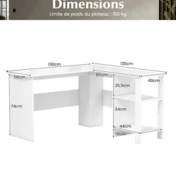 COSTWAY L-formet hjørneskrivebord - L 130 x D 130 x H 74 CM - 2-lags opbevaringshylder - Moderne - Hvid Vit