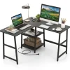 COSTWAY L-formet skrivebord med stikkontakter og USB-porte, 120 x 120 x 75 cm, opbevaringshylder, metalramme, sort