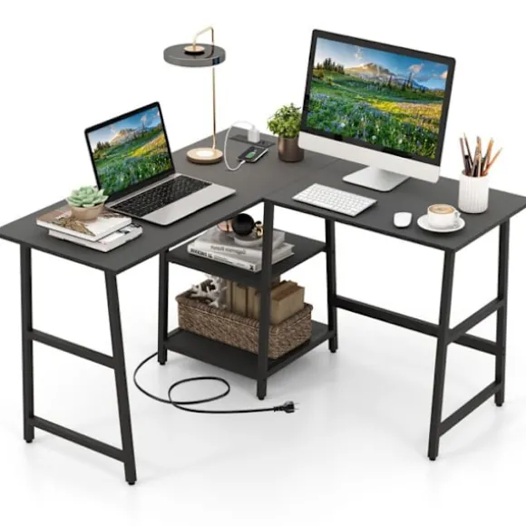 COSTWAY L-formet skrivebord med stikkontakter og USB-porte, 120 x 120 x 75 cm, opbevaringshylder, metalramme, sort