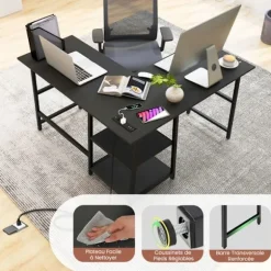 COSTWAY L-formet skrivebord med stikkontakter og USB-porte, 120 x 120 x 75 cm, opbevaringshylder, metalramme, sort