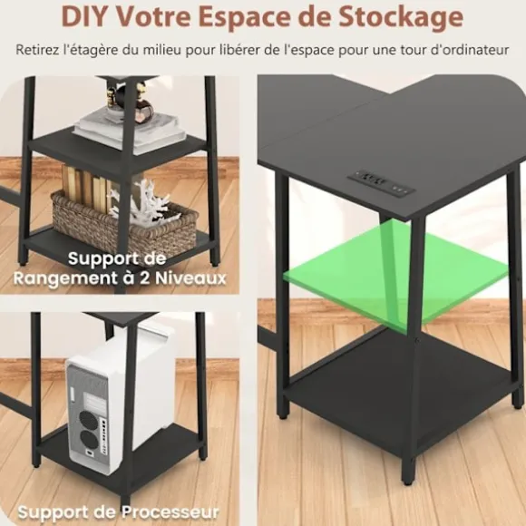COSTWAY L-formet skrivebord med stikkontakter og USB-porte, 120 x 120 x 75 cm, opbevaringshylder, metalramme, sort