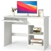 COSTWAY Lige skrivebord 108 x 48 x 75 CM (L x B x H) - glidende tastaturbakke, 1 stor skuffe, 1 justerbar og aftagelig hylde Hvid
