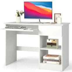 COSTWAY Lige skrivebord 108 x 48 x 75 CM (L x B x H) - glidende tastaturbakke, 1 stor skuffe, 1 justerbar og aftagelig hylde Hvid