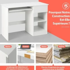 COSTWAY Lige skrivebord 108 x 48 x 75 CM (L x B x H) - glidende tastaturbakke, 1 stor skuffe, 1 justerbar og aftagelig hylde Hvid