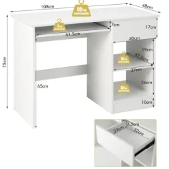 COSTWAY Lige skrivebord 108 x 48 x 75 CM (L x B x H) - glidende tastaturbakke, 1 stor skuffe, 1 justerbar og aftagelig hylde Hvid