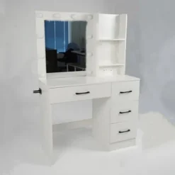 COSTWAY Makeup Bord med Spejl, 3-Farvet LED Lys, Opladningsstation, Justerbar Lysstyrke, 4 Skuffer, Hårtørrerholder Vit