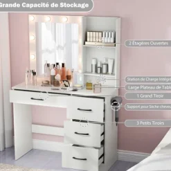 COSTWAY Makeup Bord med Spejl, 3-Farvet LED Lys, Opladningsstation, Justerbar Lysstyrke, 4 Skuffer, Hårtørrerholder Vit