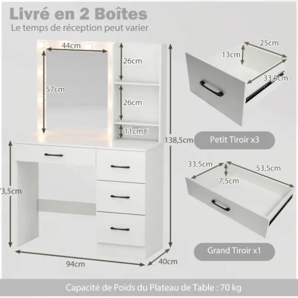 COSTWAY Makeup Bord med Spejl, 3-Farvet LED Lys, Opladningsstation, Justerbar Lysstyrke, 4 Skuffer, Hårtørrerholder Vit
