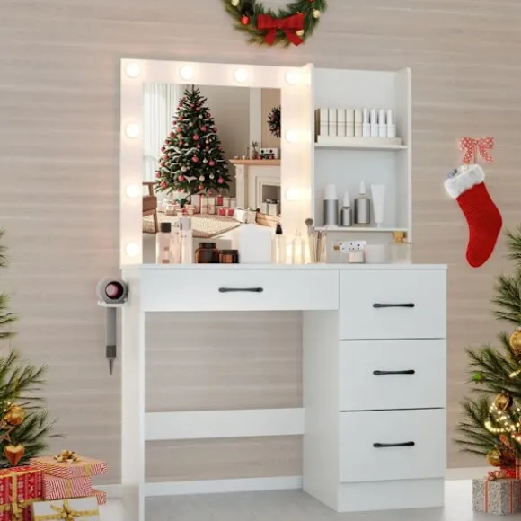COSTWAY Makeup Bord med Spejl, 3-Farvet LED Lys, Opladningsstation, Justerbar Lysstyrke, 4 Skuffer, Hårtørrerholder Vit