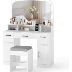 COSTWAY Makeupbord med Håndholdt Spejl Hollywood Lysende LED Justerbare, Opladningsstation Hvid