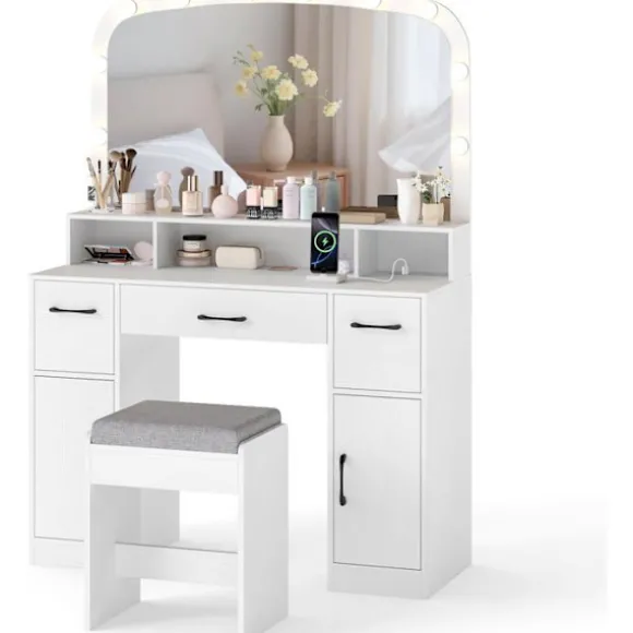 COSTWAY Makeupbord med Håndholdt Spejl Hollywood Lysende LED Justerbare, Opladningsstation Hvid