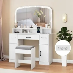 COSTWAY Makeupbord med Håndholdt Spejl Hollywood Lysende LED Justerbare, Opladningsstation Hvid