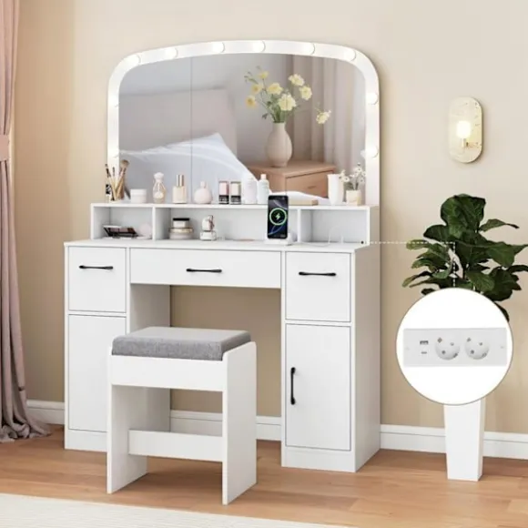 COSTWAY Makeupbord med Håndholdt Spejl Hollywood Lysende LED Justerbare, Opladningsstation Hvid