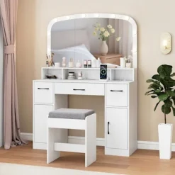 COSTWAY Makeupbord med Håndholdt Spejl Hollywood Lysende LED Justerbare, Opladningsstation Hvid