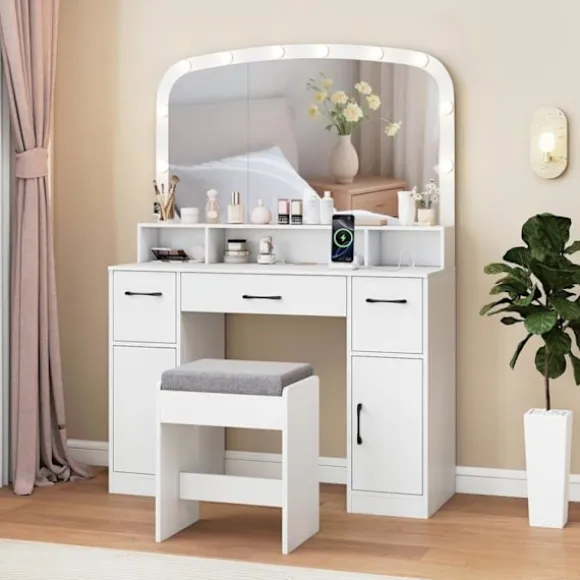 COSTWAY Makeupbord med Håndholdt Spejl Hollywood Lysende LED Justerbare, Opladningsstation Hvid