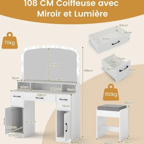 COSTWAY Makeupbord med Håndholdt Spejl Hollywood Lysende LED Justerbare, Opladningsstation Hvid
