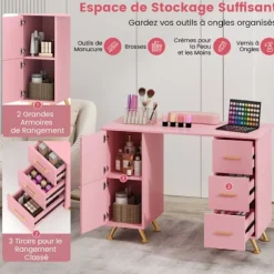 COSTWAY Manicurebord - 3 Skuffer og 2 Skabe, Aftageligt Håndledspude 108x45x76 CM Ideel til Neglesalon Pink, Guld