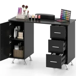COSTWAY Manicurebord - 3 Skuffer og 2 Skabe, Aftageligt Handledsunderlag 108x45x76 CM Ideel til Neglestudio