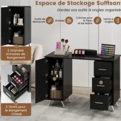 COSTWAY Manicurebord - 3 Skuffer og 2 Skabe, Aftageligt Handledsunderlag 108x45x76 CM Ideel til Neglestudio