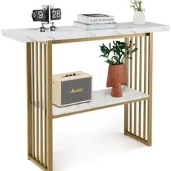 COSTWAY Marmoreffekt Consolebord - 2 Niveauer 120 x 29,5 x 92,5 cm (L x b x H) Guld metalramme - Skandinavisk stil Guld