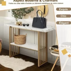 COSTWAY Marmoreffekt Consolebord - 2 Niveauer 120 x 29,5 x 92,5 cm (L x b x H) Guld metalramme - Skandinavisk stil Guld