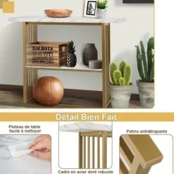 COSTWAY Marmoreffekt Consolebord - 2 Niveauer 120 x 29,5 x 92,5 cm (L x b x H) Guld metalramme - Skandinavisk stil Guld