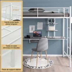 COSTWAY Metal Mezzanin med Skrivebord, 90 x 190 CM, med 2 Hylder, 2 Stiger, Gelænder over Hele Længden, Hvid Vit