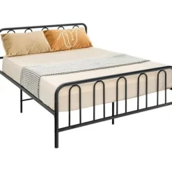 COSTWAY metaldobbeltseng til voksne, 160 x 200 CM, sengeramme med 9 ben og hovedgærde, ingen boxfjeder nødvendig, ingen støj Svart