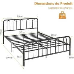 COSTWAY metaldobbeltseng til voksne, 160 x 200 CM, sengeramme med 9 ben og hovedgærde, ingen boxfjeder nødvendig, ingen støj Svart