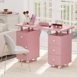COSTWAY Mobil Manicurebord med Støvsuger - 3 Støvposer, Håndledsstøtte, 4 Skuffer 8 Låsebare Hjul Rosa