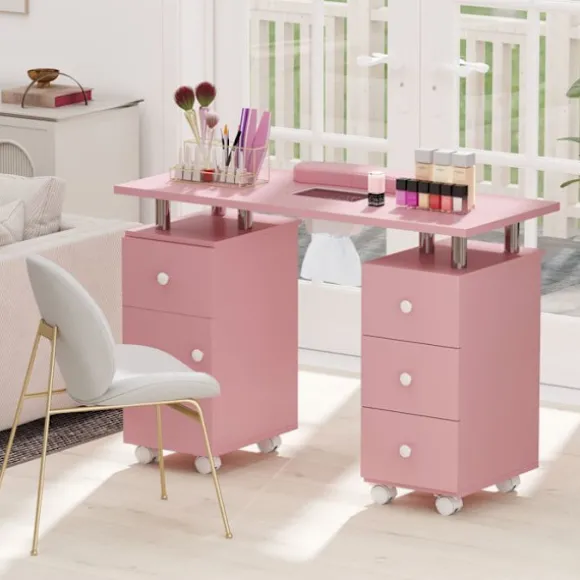 COSTWAY Mobil Manicurebord med Støvsuger - 3 Støvposer, Håndledsstøtte, 4 Skuffer 8 Låsebare Hjul Rosa