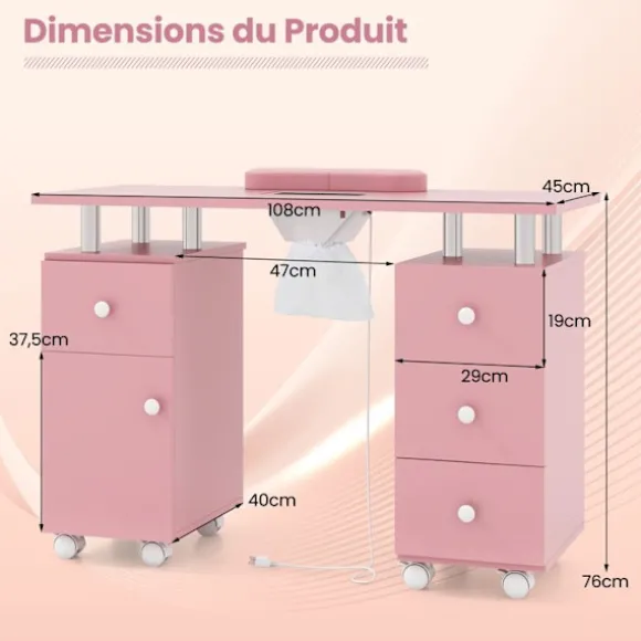 COSTWAY Mobil Manicurebord med Støvsuger - 3 Støvposer, Håndledsstøtte, 4 Skuffer 8 Låsebare Hjul Rosa