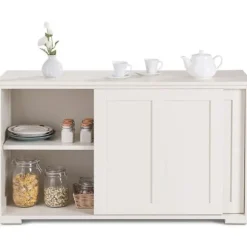 COSTWAY Moderne Køkken Buffet Skab Vitrineskab Lakeret Beige med Skydedør og 2 Hylder i MDF 106,5 x 33 x 60CM Beige