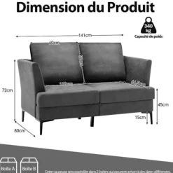 COSTWAY Moderne 2-personers lige sofa - 2 aftagelige puder - L 141 x D 80 x H 72 cm i gråt hørstof