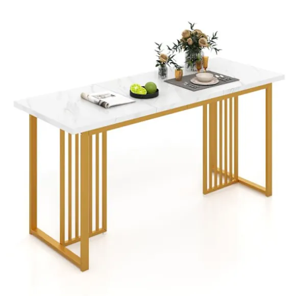 COSTWAY moderne spisebord til 6-8 personer rektangulært 160 CM med imiteret marmorplade, guld- og hvide metalben