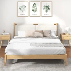 COSTWAY Natbord i rattan, med skuffe og 4 fyrreben, 40 x 40 x 55 cm, natbord, stue, soveværelse, kontor, naturlig Naturlig