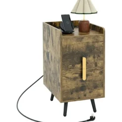 COSTWAY Natbord med 2 Skuffer, 2 USB-porte og 3 stikkontakter, metalben, til soveværelse, stue, 40 x 32 x 60 cm, Brun kastanj