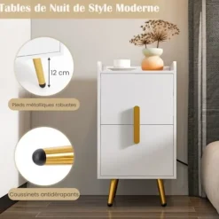 COSTWAY Natbord med 2 Skuffer, 2 USB-porte og 3 stik, metalben, til soveværelse, stue, 40 x 32 x 60 cm, Hvid Vit
