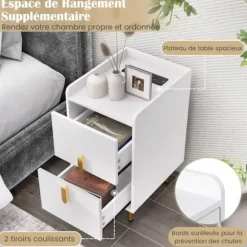 COSTWAY Natbord med 2 Skuffer, 2 USB-porte og 3 stik, metalben, til soveværelse, stue, 40 x 32 x 60 cm, Hvid Vit